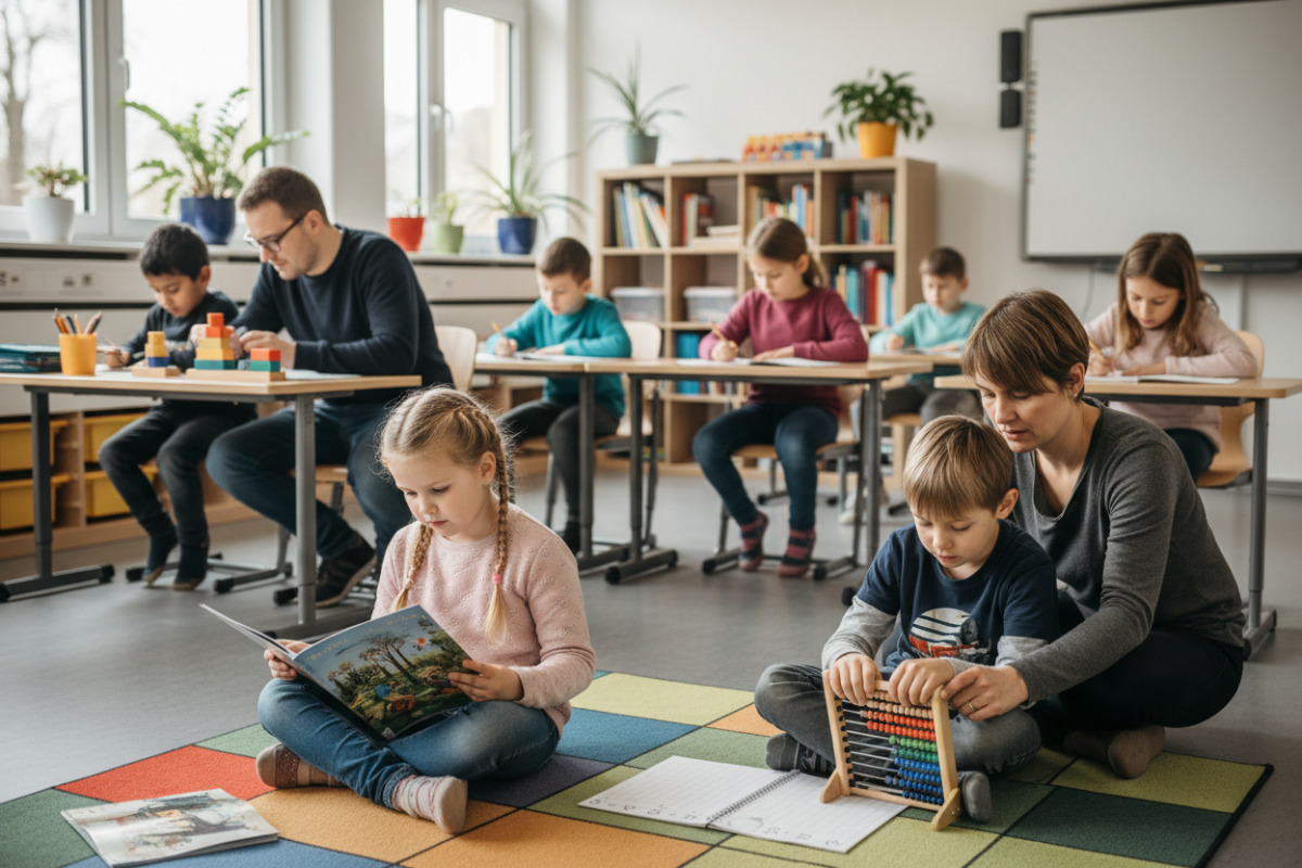 Ruhige Klassenrituale verbinden Ankommen, Lesen, Rechnen, Begleitung und kurze konzentrierte Arbeitsphasen.