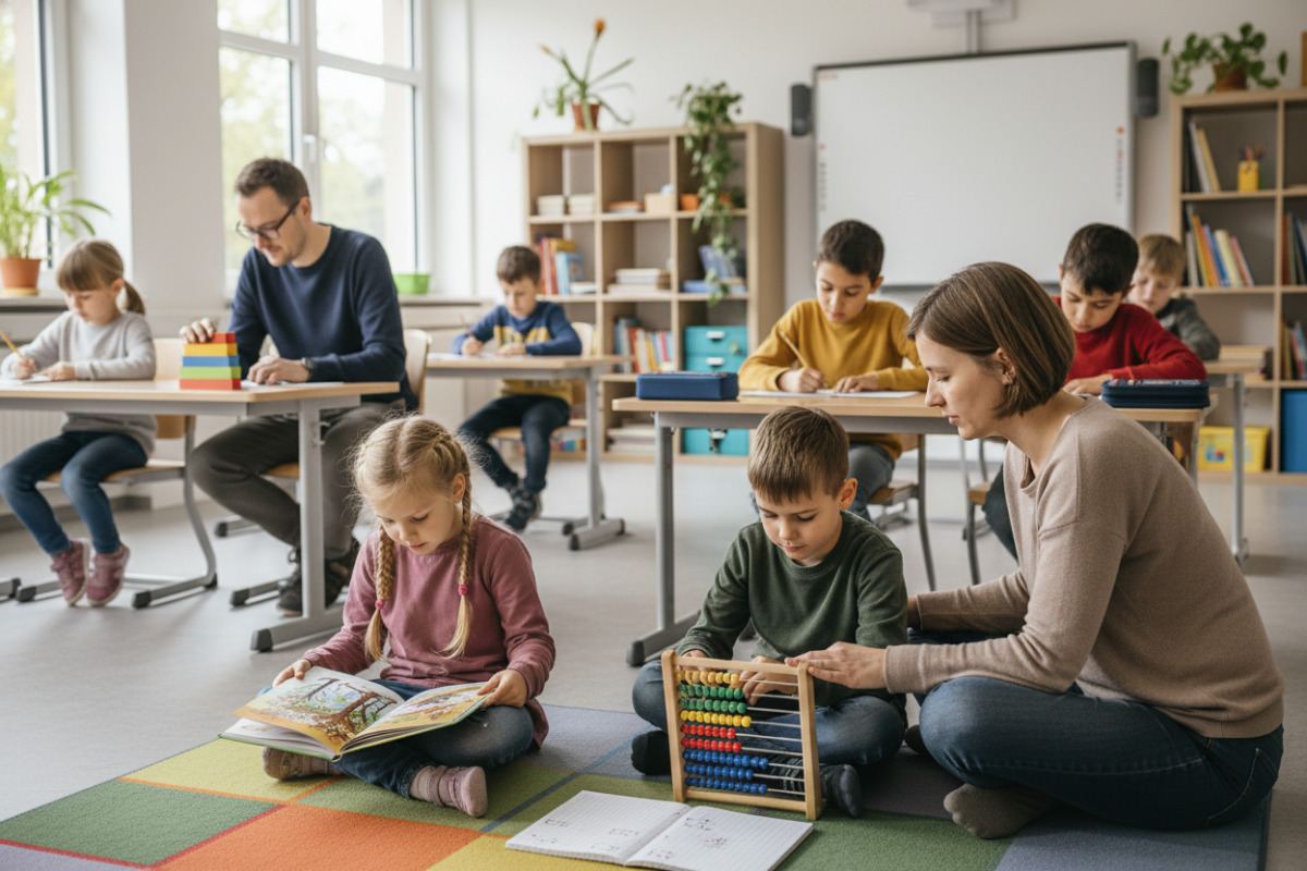 Ruhige Klassenrituale verbinden Ankommen, Lesen, Rechnen, Begleitung und kurze konzentrierte Arbeitsphasen.