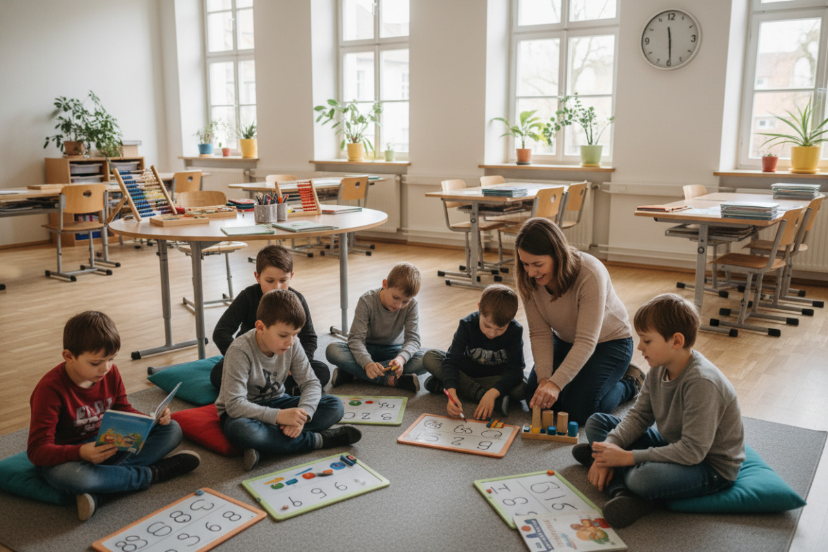 Ruhige Klassenrituale verbinden Ankommen, Lesen, Rechnen, Begleitung und kurze konzentrierte Arbeitsphasen.