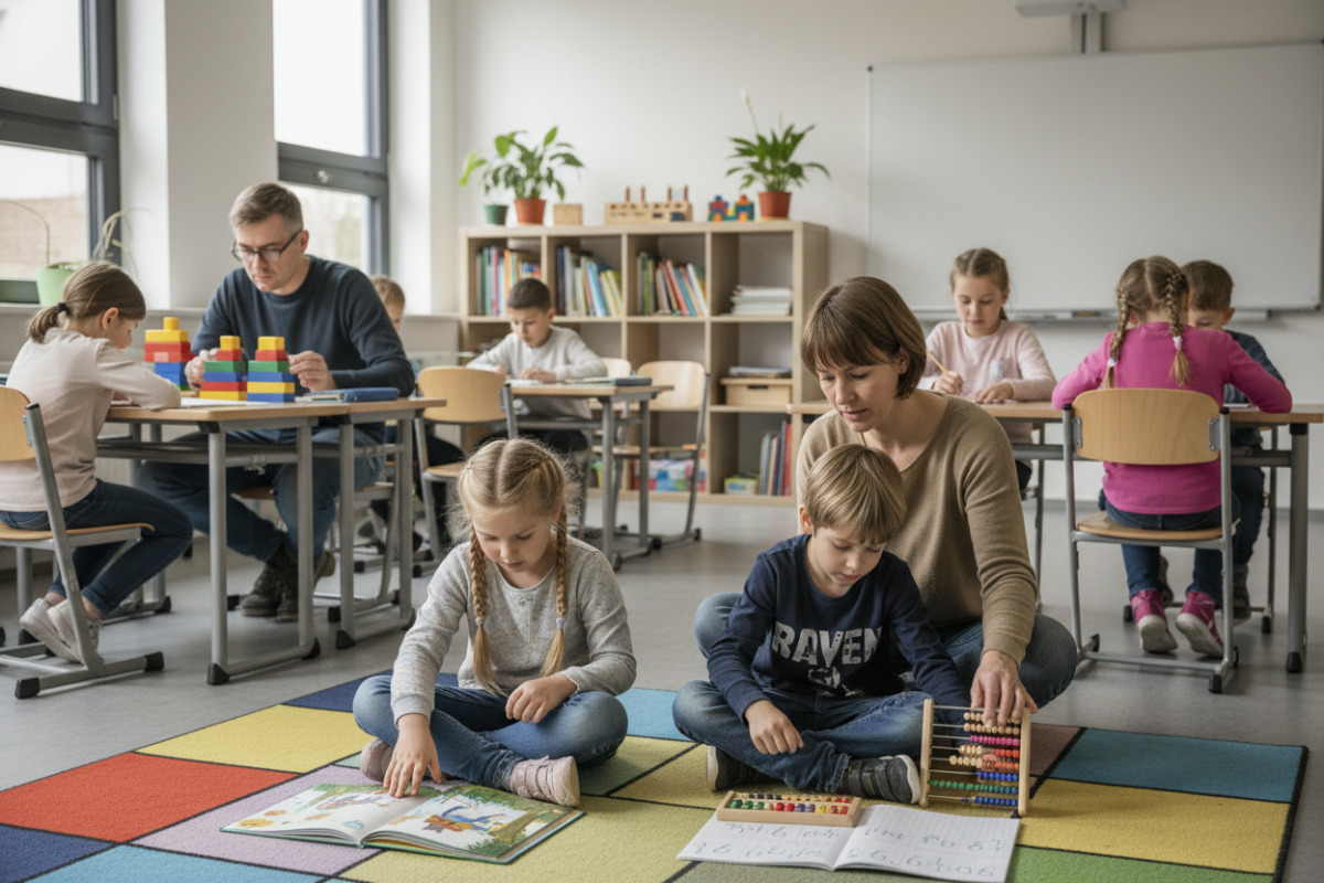Ruhige Klassenrituale verbinden Ankommen, Lesen, Rechnen, Begleitung und kurze konzentrierte Arbeitsphasen.