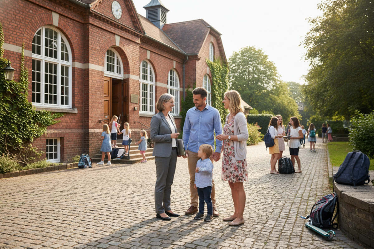 Eltern und Lehrkraft im Gespräch vor einer Schule 1