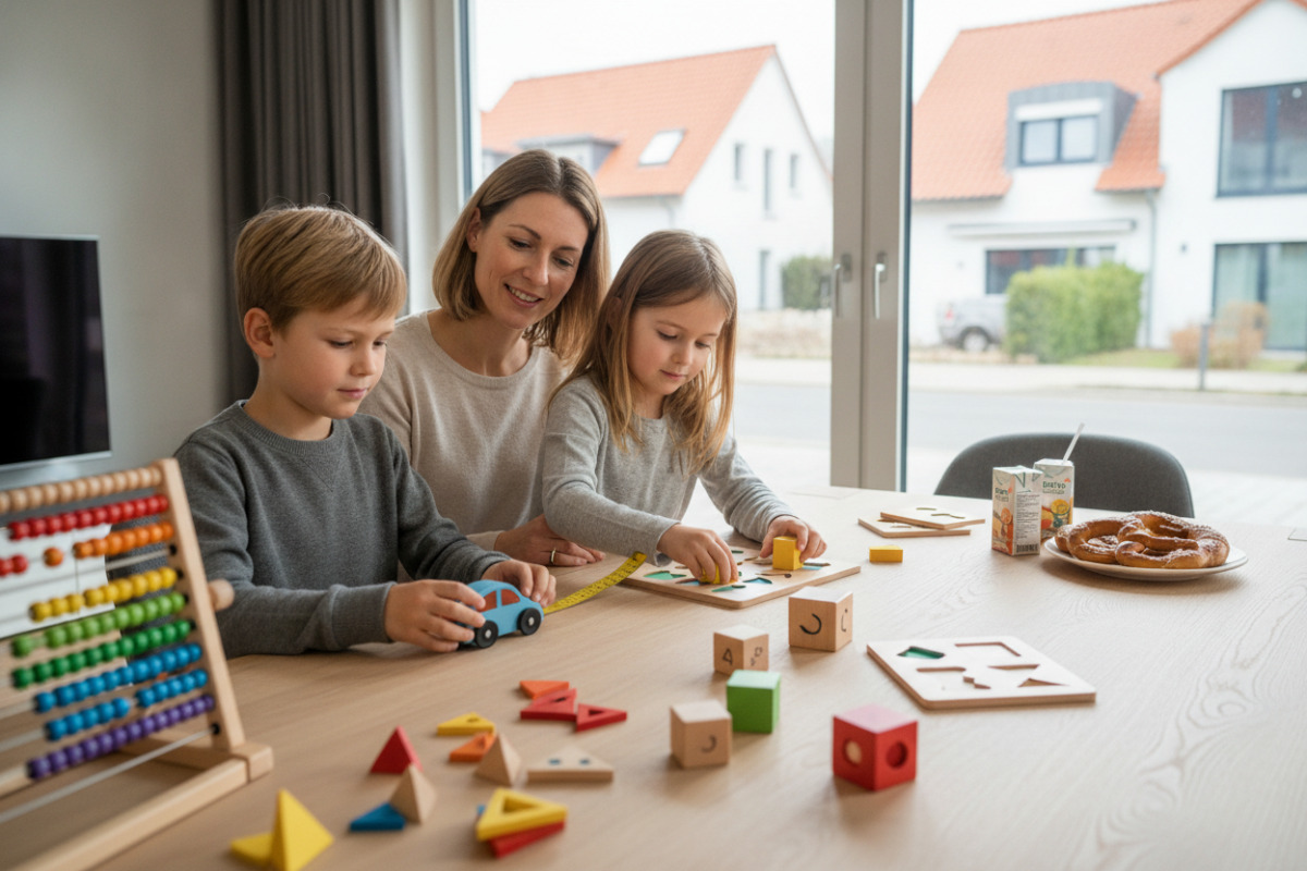 Alltagsszenen zeigen, wie Messen, Rechnen, Formen erkennen und Pausen zu entspannten Lernroutine gehören.