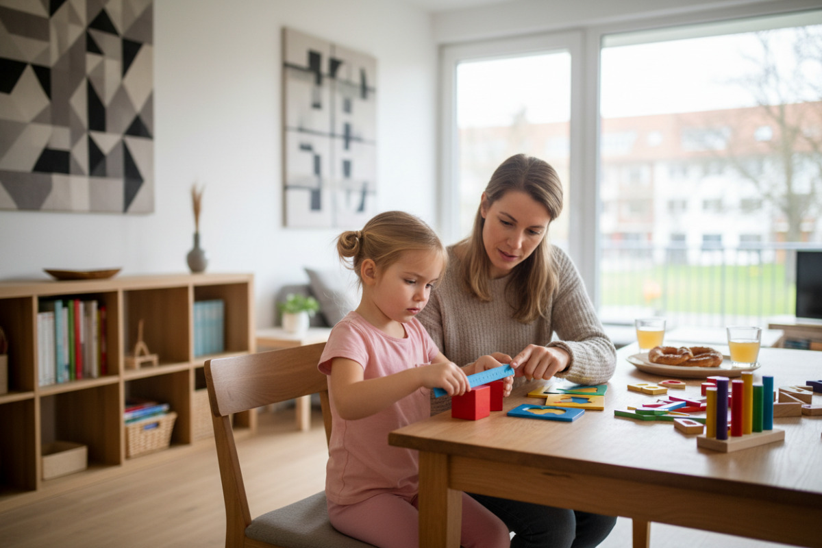 Alltagsszenen zeigen, wie Messen, Rechnen, Formen erkennen und Pausen zu entspannten Lernroutine gehören.