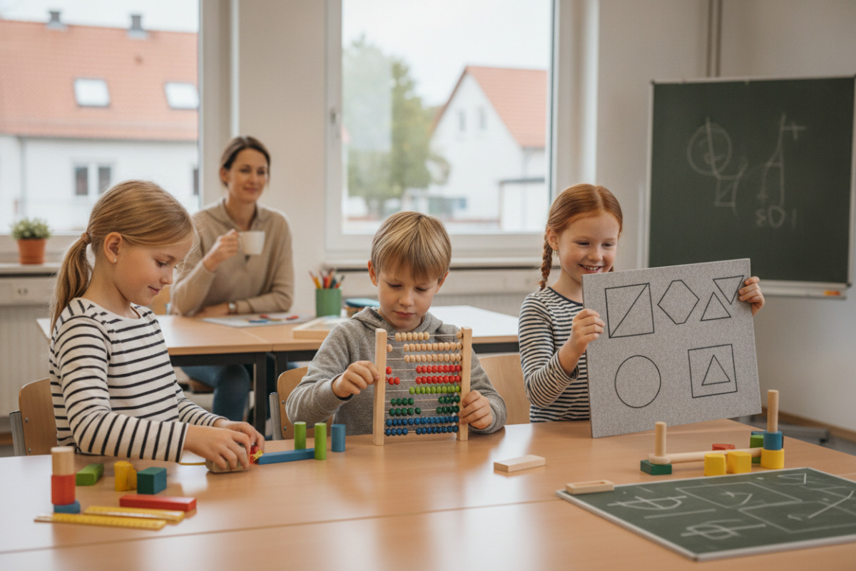 Alltagsszenen zeigen, wie Messen, Rechnen, Formen erkennen und Pausen zu entspannten Lernroutine gehören.