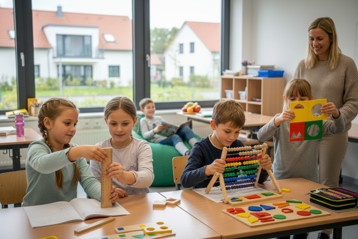 Alltagsszenen zeigen, wie Messen, Rechnen, Formen erkennen und Pausen zu entspannten Lernroutine gehören.