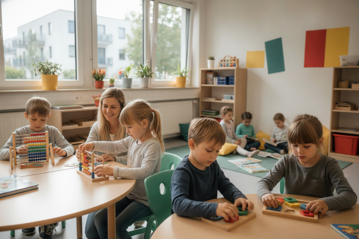 Alltagsszenen zeigen, wie Messen, Rechnen, Formen erkennen und Pausen zu entspannten Lernroutine gehören.