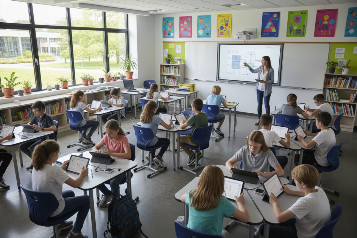 Klassenzimmer mit Tablets und Lehrkraft 2