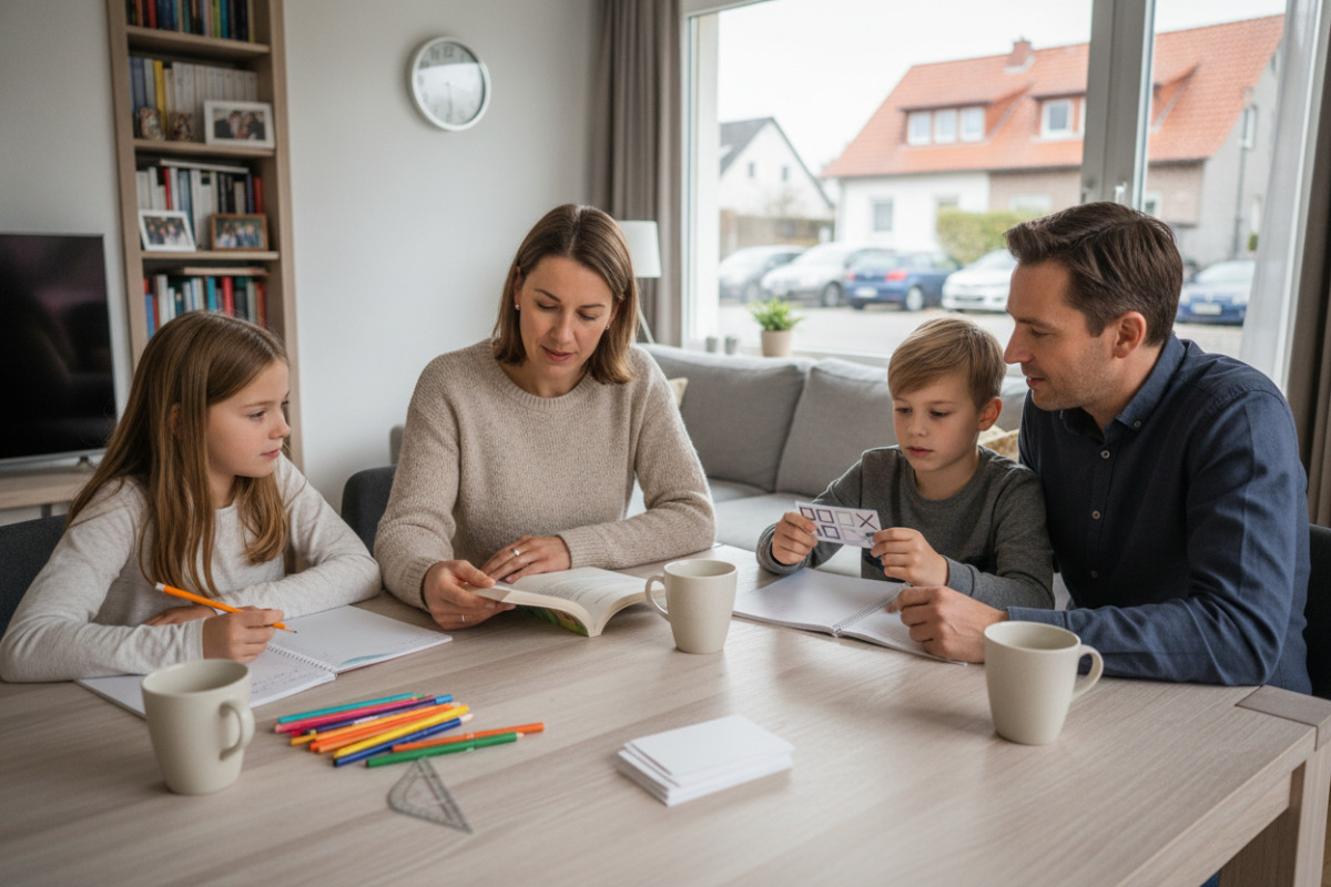 Die Bilder zeigen, wie Lesen, Rechnen, Gespräch und kurze Reflexion zu ruhigen Lernritual werden.