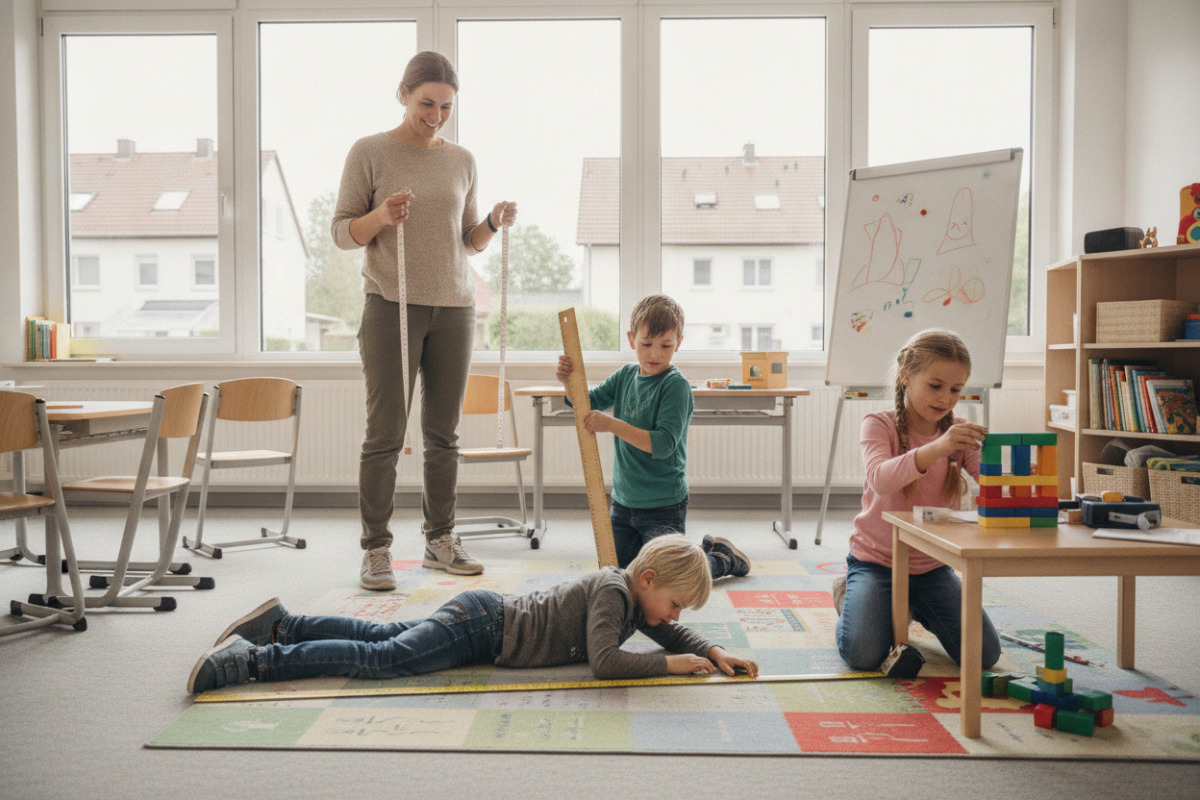 Die Bilder zeigen Alltagssituationen, in denen Kinder Meter und Zentimeter handelnd erfahren.