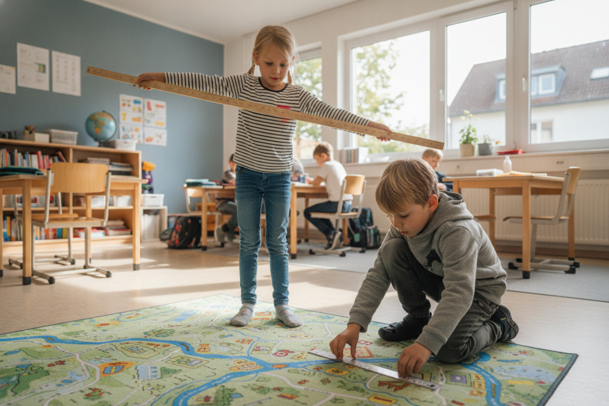 Die Bilder zeigen Alltagssituationen, in denen Kinder Meter und Zentimeter handelnd erfahren.