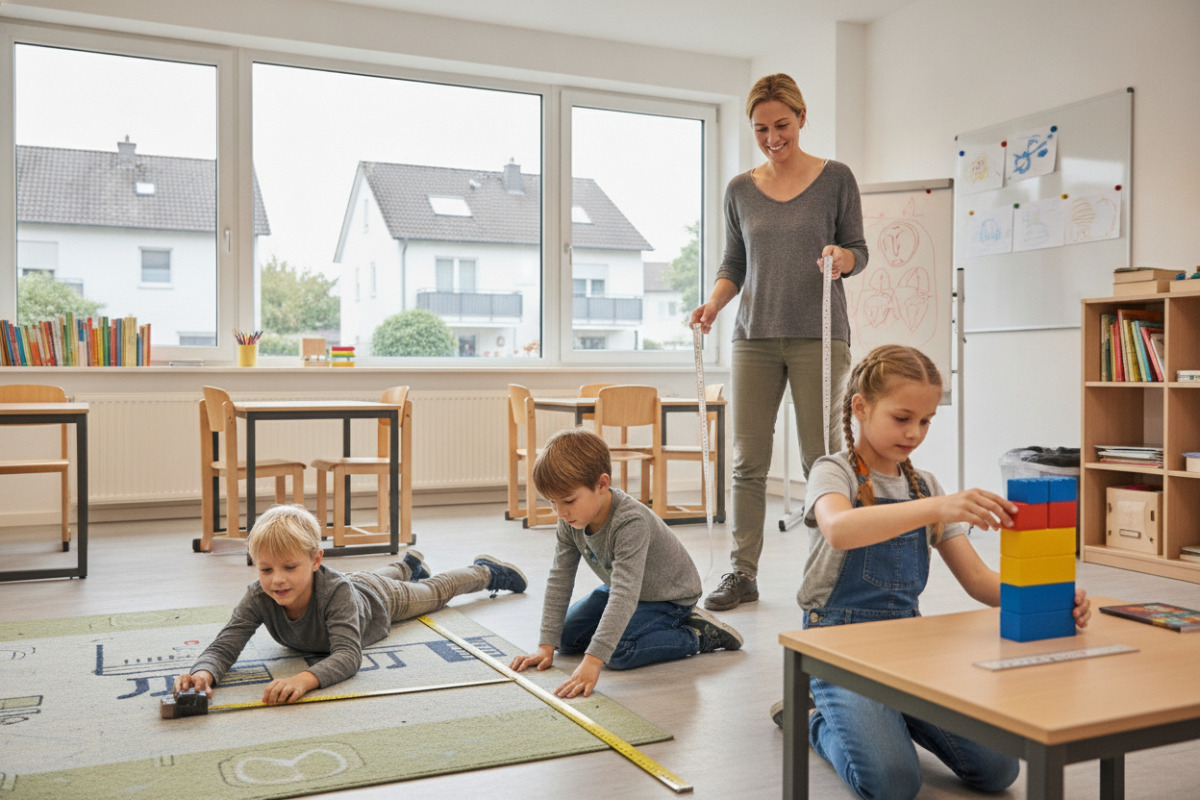 Die Bilder zeigen Alltagssituationen, in denen Kinder Meter und Zentimeter handelnd erfahren.