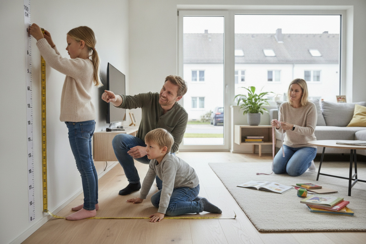 Die Bilder zeigen Alltagssituationen, in denen Kinder Meter und Zentimeter handelnd erfahren.