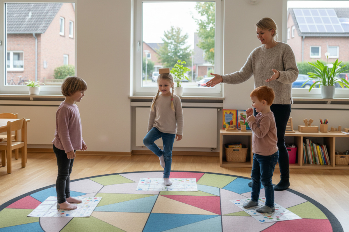 Alltagsszenen zeigen, wie Kinder durch Rituale, Spiel, Bewegung und Formenlernen sicherer werden.