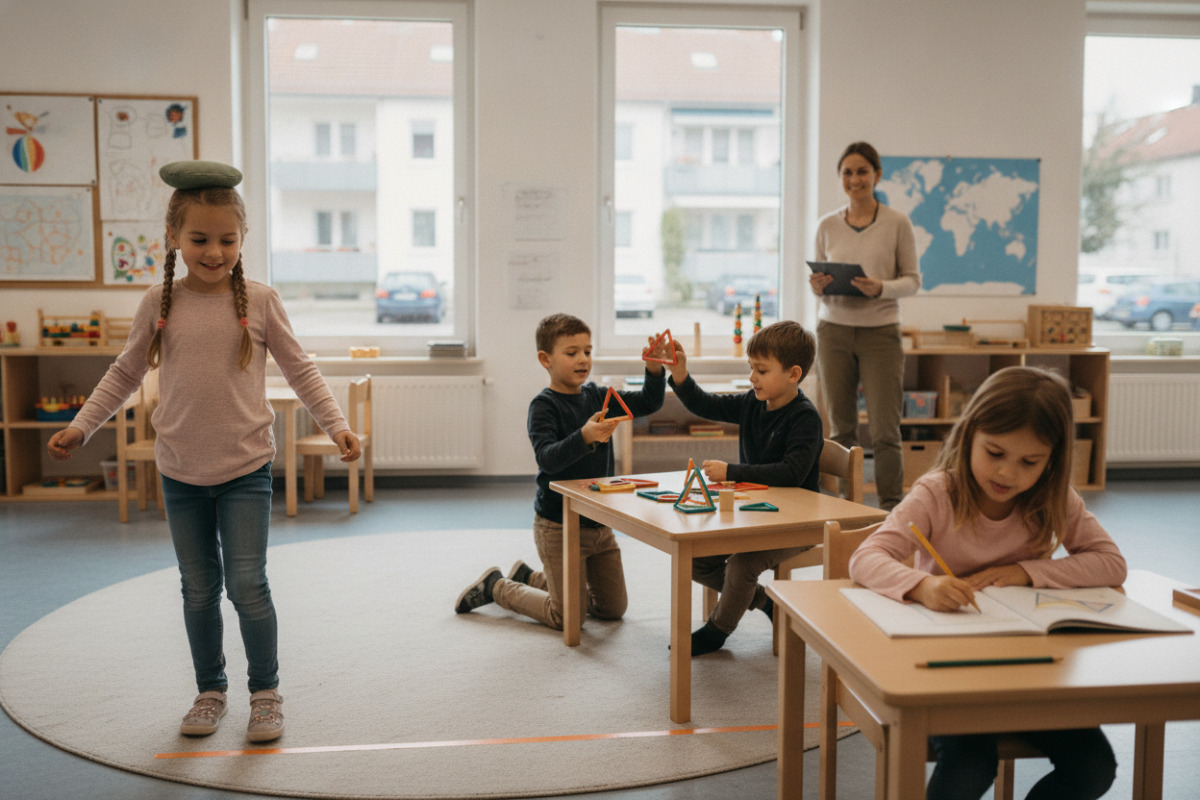 Alltagsszenen zeigen, wie Kinder durch Rituale, Spiel, Bewegung und Formenlernen sicherer werden.