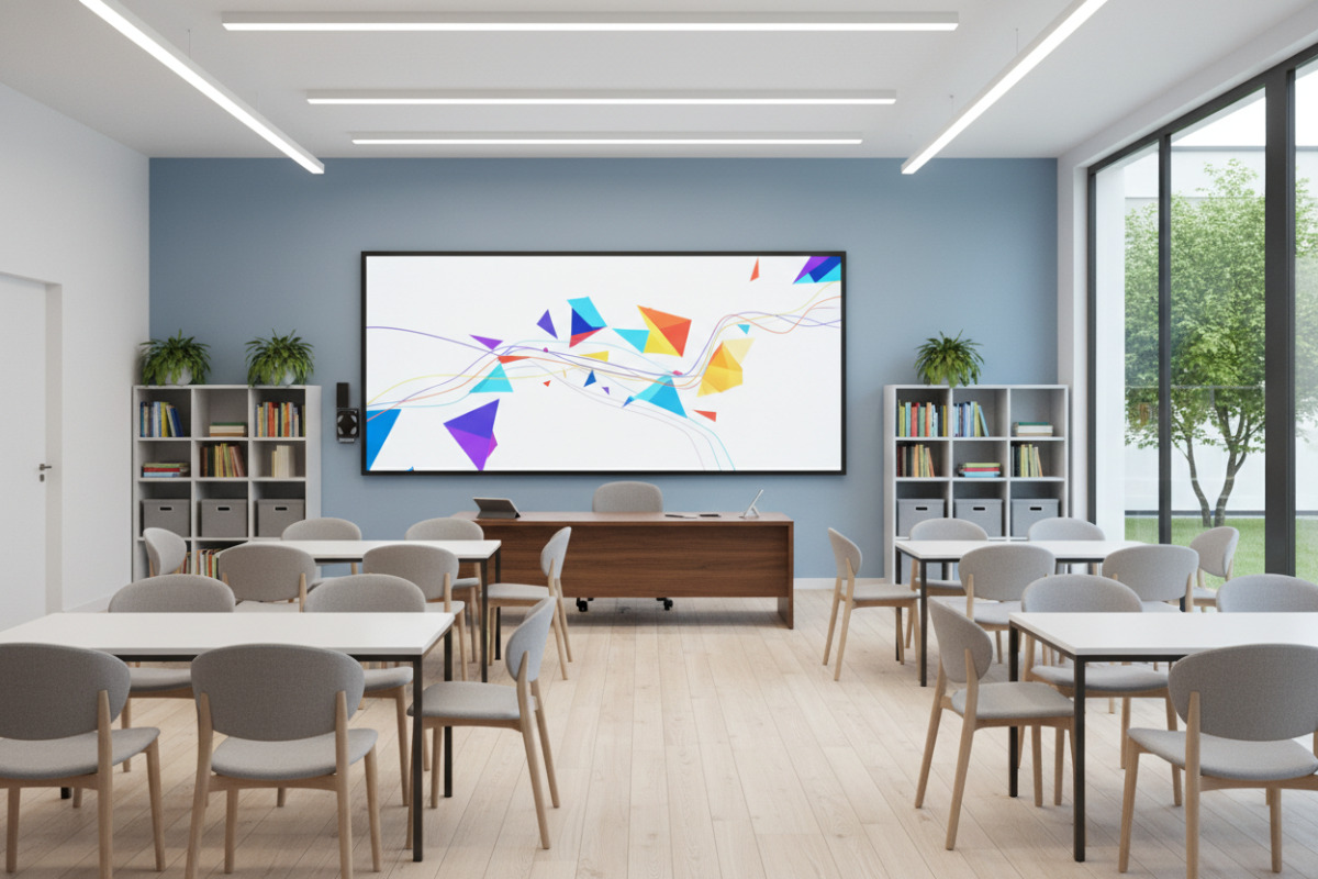 Renovierter Klassenraum mit moderner Tafel