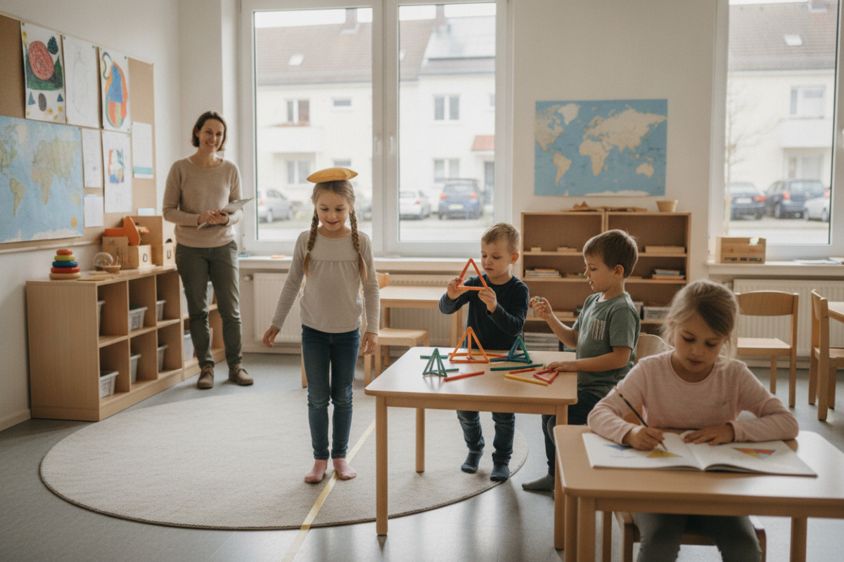Alltagsszenen zeigen, wie Kinder durch Rituale, Spiel, Bewegung und Formenlernen sicherer werden.