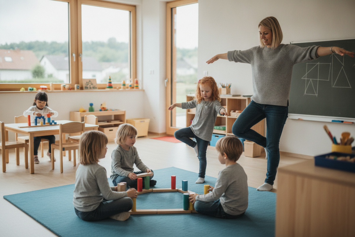 Alltagsszenen zeigen, wie Kinder durch Rituale, Spiel, Bewegung und Formenlernen sicherer werden.