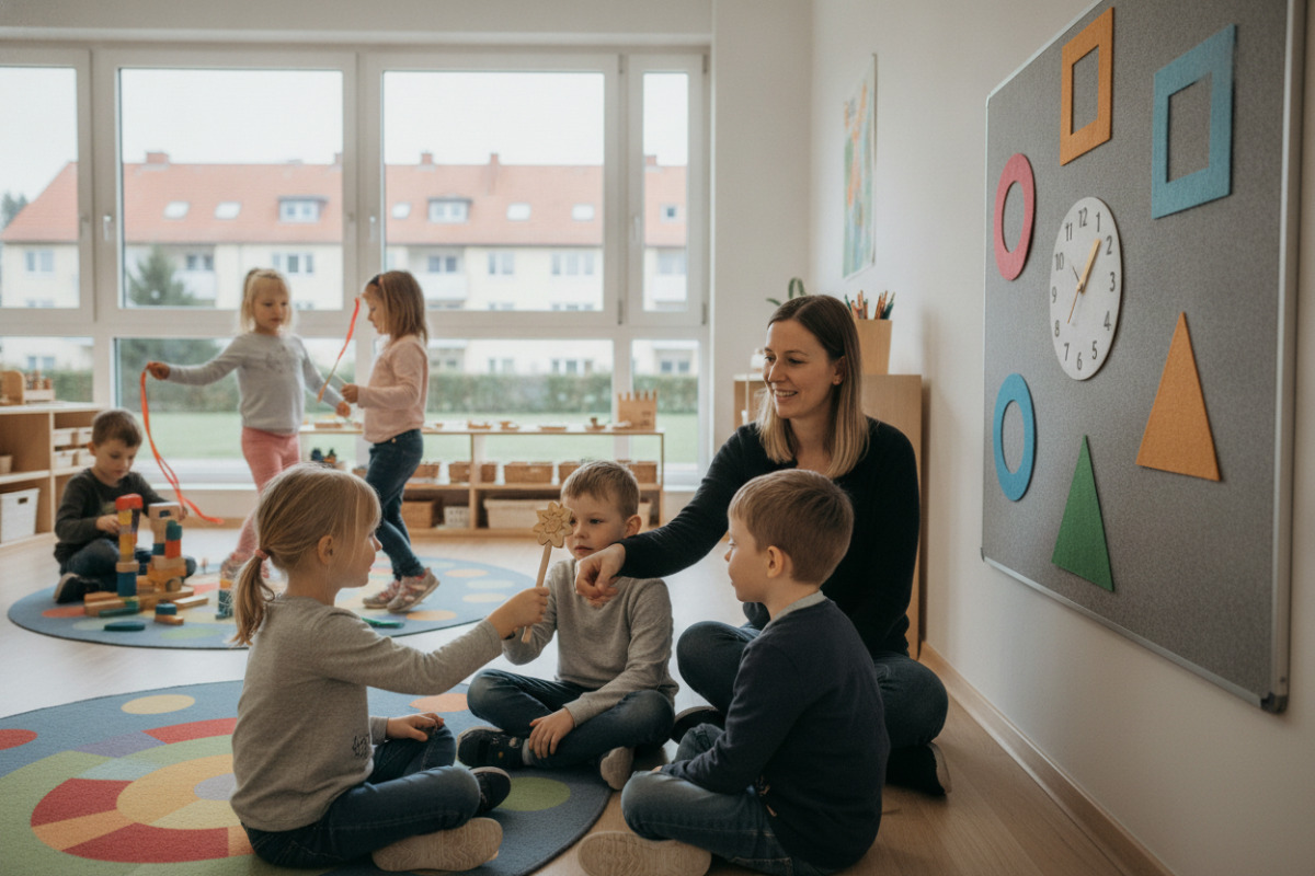 Alltagsszenen zeigen, wie Kinder durch Rituale, Spiel, Bewegung und Formenlernen sicherer werden.