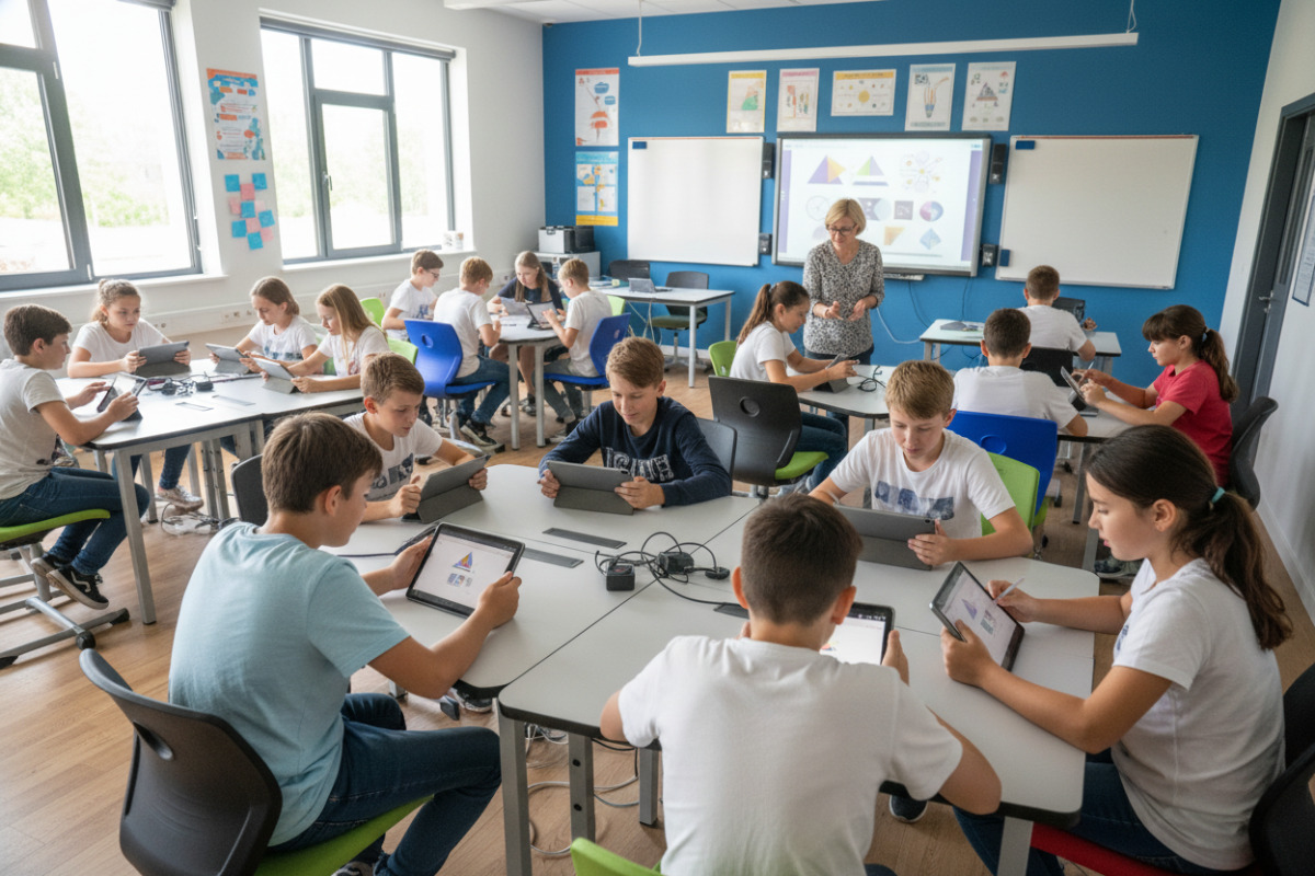 Schülerinnen und Schüler nutzen Tablets im Unterricht