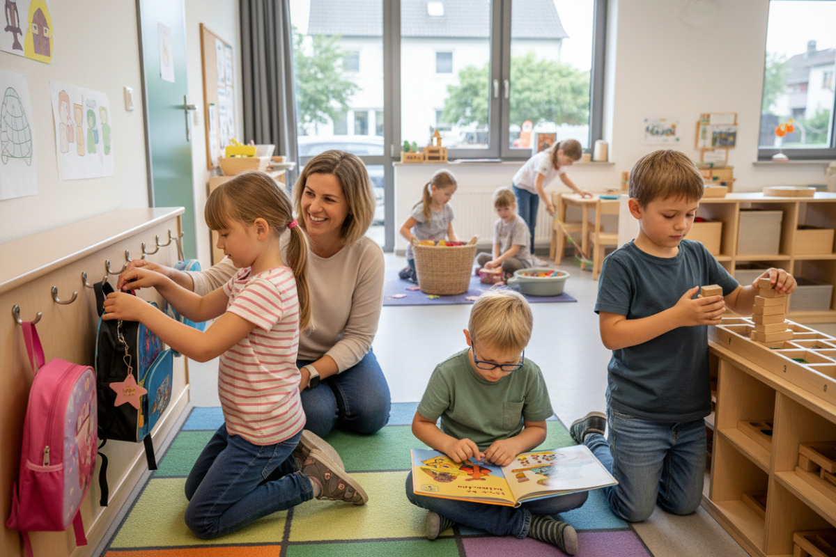 Die Bilder zeigen kleine Rituale, die Kindern beim Ankommen, Lesen, Rechnen und Aufräumen Orientierung geben.
