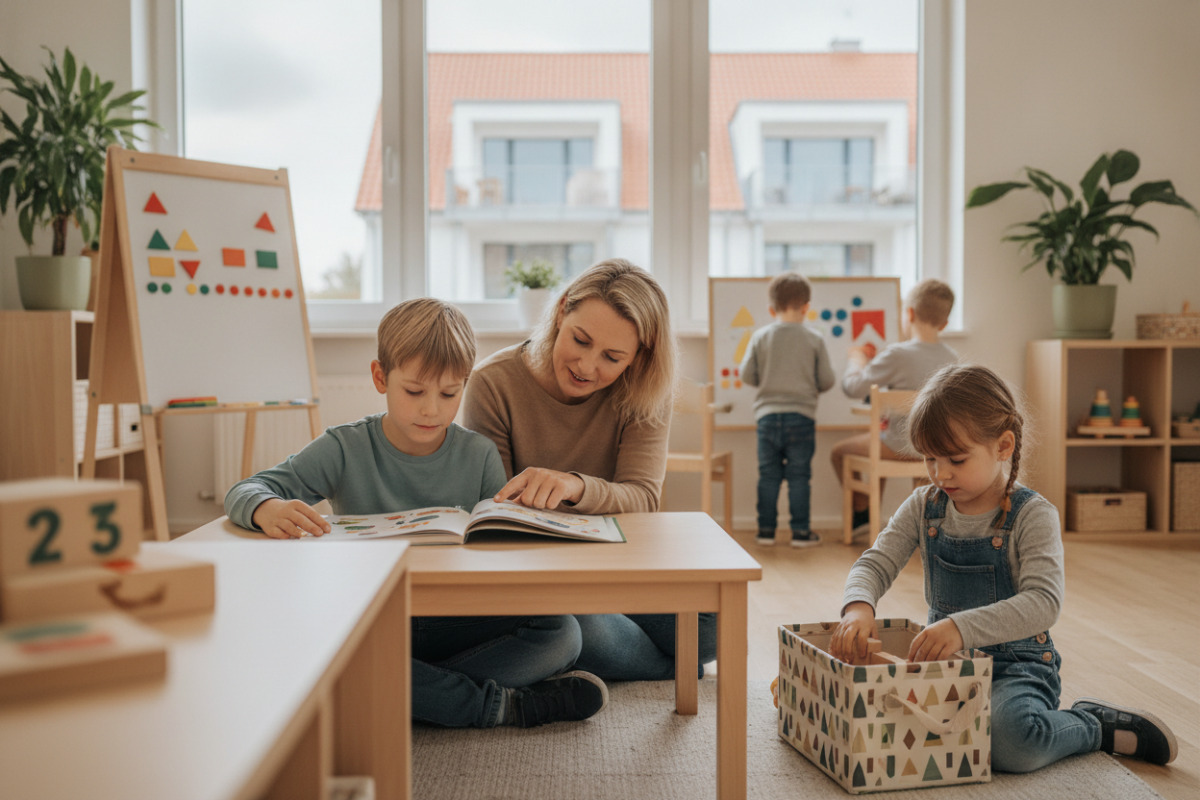 Die Bilder zeigen kleine Rituale, die Kindern beim Ankommen, Lesen, Rechnen und Aufräumen Orientierung geben.