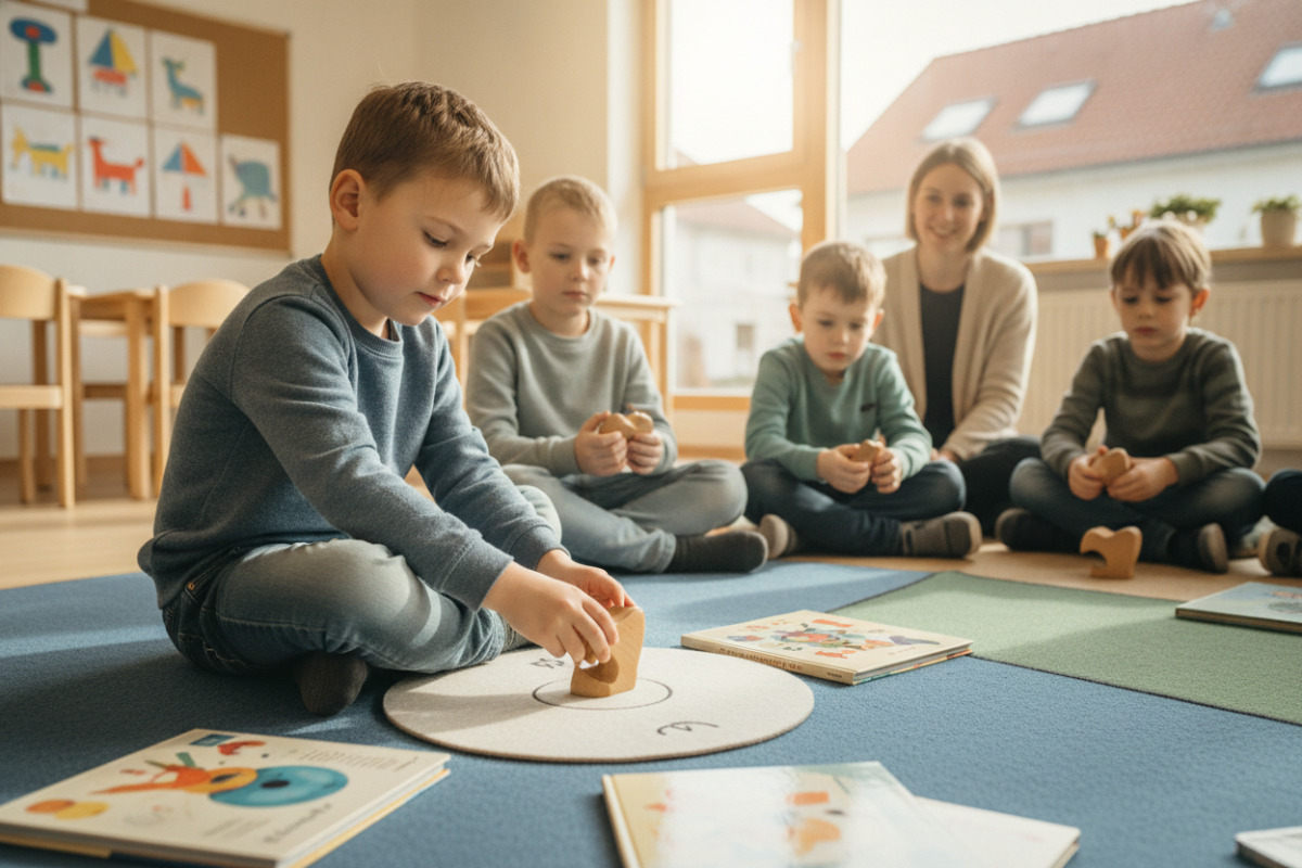 Die Bilder zeigen kleine Rituale, die Kindern beim Ankommen, Lesen, Rechnen und Aufräumen Orientierung geben.