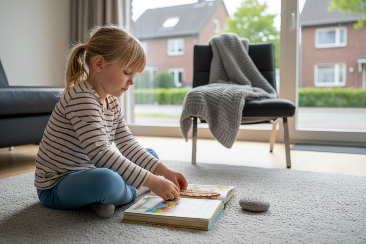 Die Bilder zeigen kleine Rituale, die Kindern beim Ankommen, Lesen, Rechnen und Aufräumen Orientierung geben.