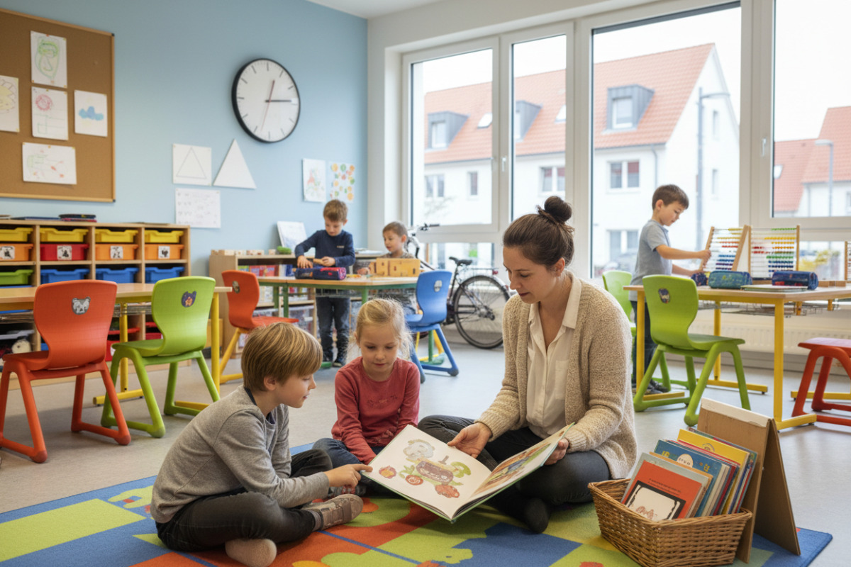 Die Bilder zeigen kleine Rituale, die Kindern beim Ankommen, Lesen, Rechnen und Aufräumen Orientierung geben.