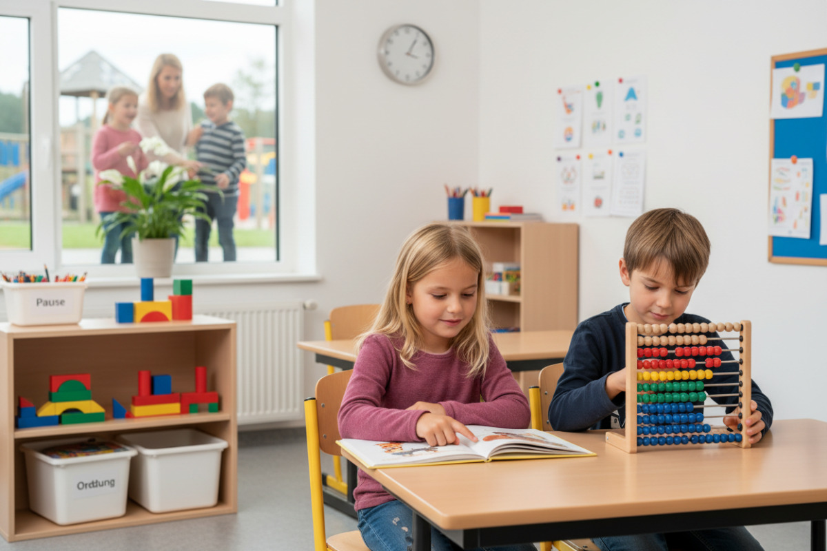 Kleine Lernmomente aus Lesen, Rechnen, Ordnung und Pause verbinden sich zu freundlichen Alltag.