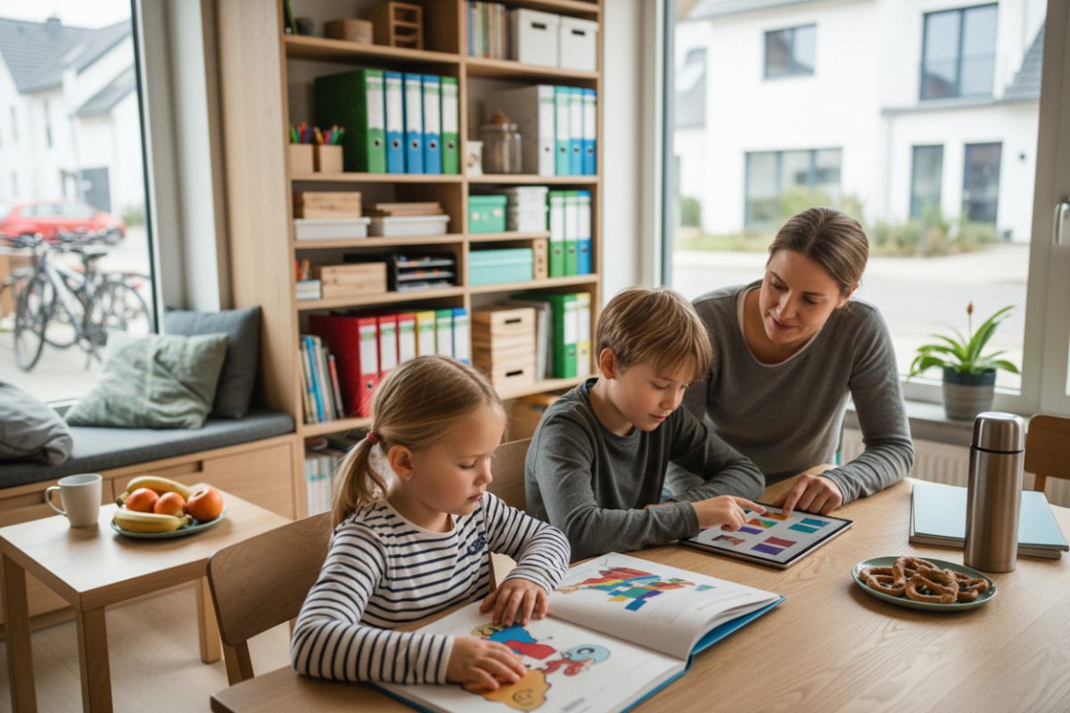 Kleine Lernmomente aus Lesen, Rechnen, Ordnung und Pause verbinden sich zu freundlichen Alltag.