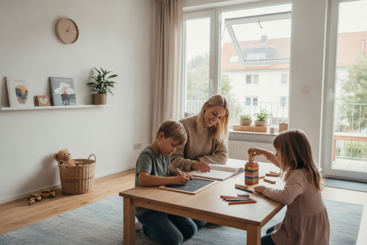 Kleine Lernmomente aus Lesen, Rechnen, Ordnung und Pause verbinden sich zu freundlichen Alltag.
