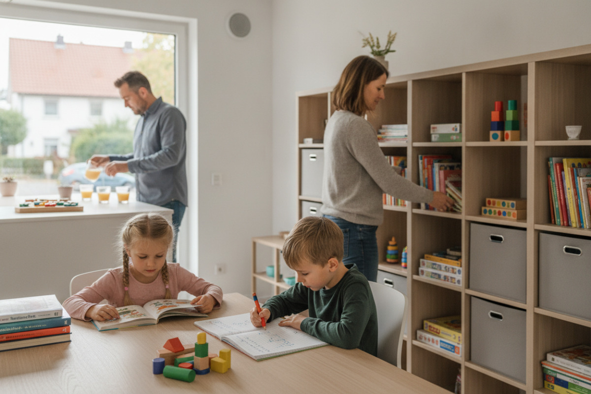 Kleine Lernmomente aus Lesen, Rechnen, Ordnung und Pause verbinden sich zu freundlichen Alltag.