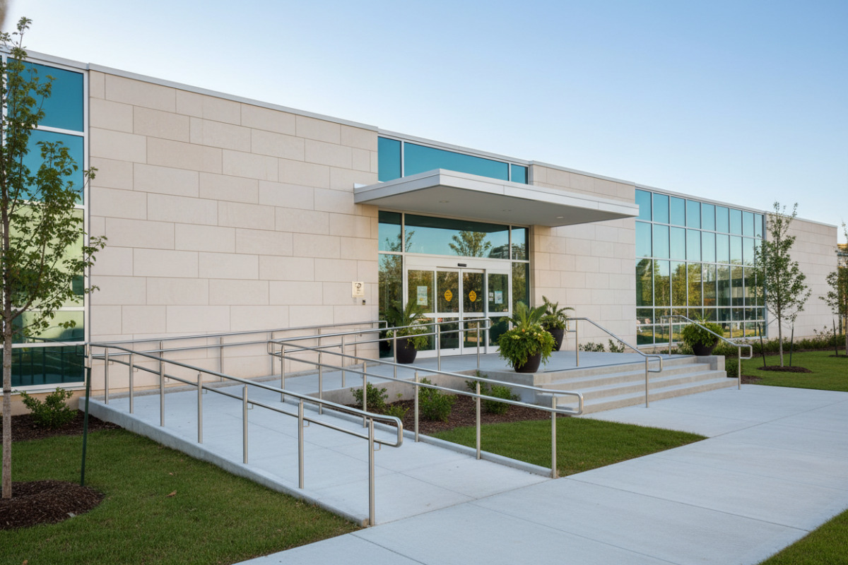 Helles Schulgebäude mit barrierefreiem Eingang