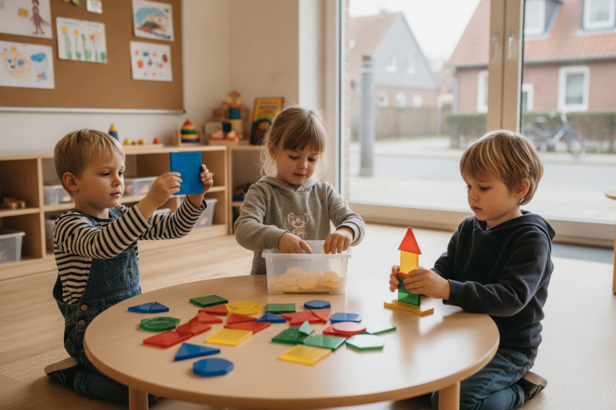 Alltagsszenen zeigen, wie Kinder geometrische Formen beim Spielen, Sortieren und Beobachten entdecken.
