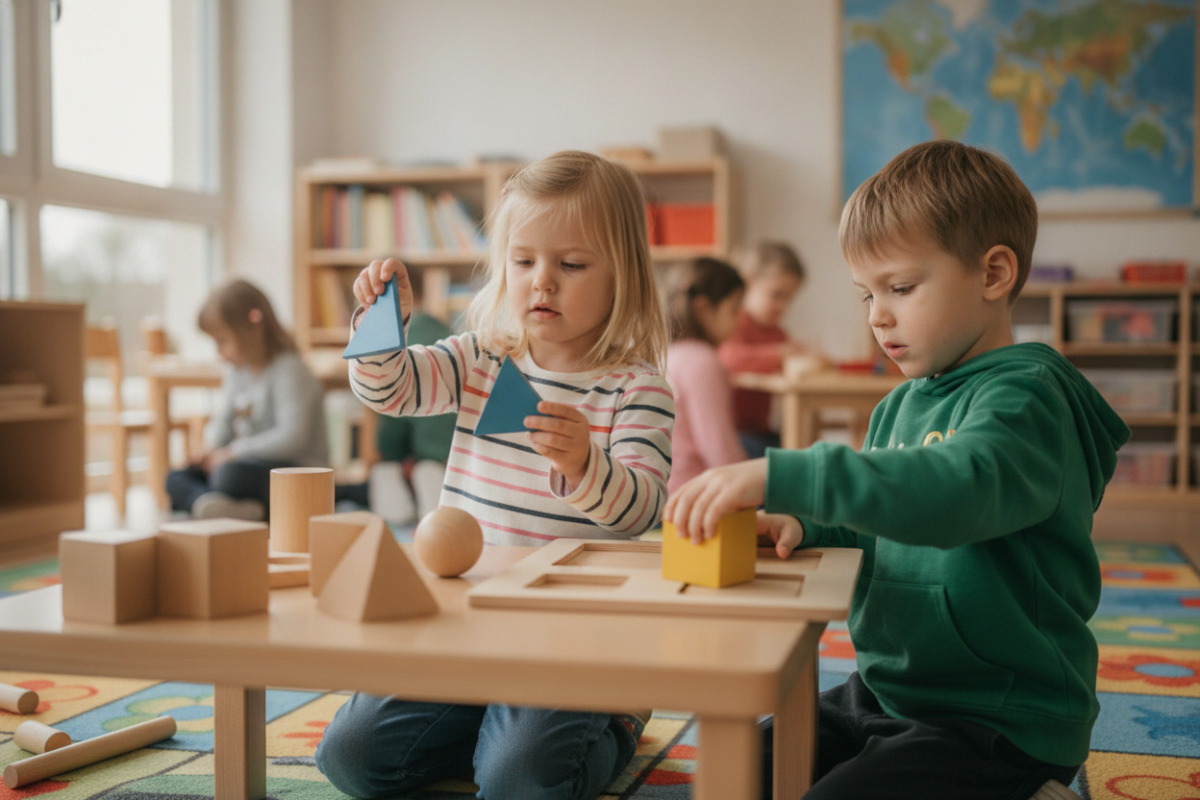 Alltagsszenen zeigen, wie Kinder geometrische Formen beim Spielen, Sortieren und Beobachten entdecken.