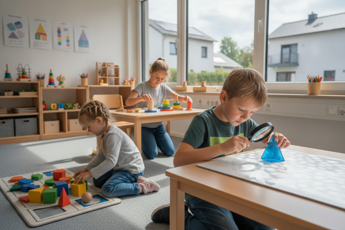 Alltagsszenen zeigen, wie Kinder geometrische Formen beim Spielen, Sortieren und Beobachten entdecken.