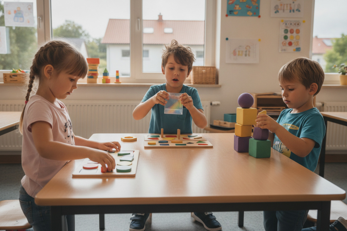 Alltagsszenen zeigen, wie Kinder geometrische Formen beim Spielen, Sortieren und Beobachten entdecken.