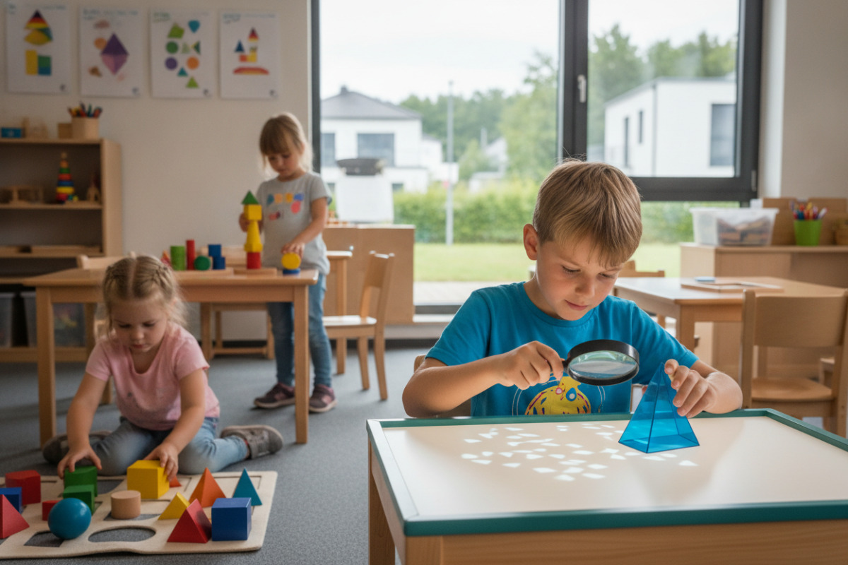 Alltagsszenen zeigen, wie Kinder geometrische Formen beim Spielen, Sortieren und Beobachten entdecken.