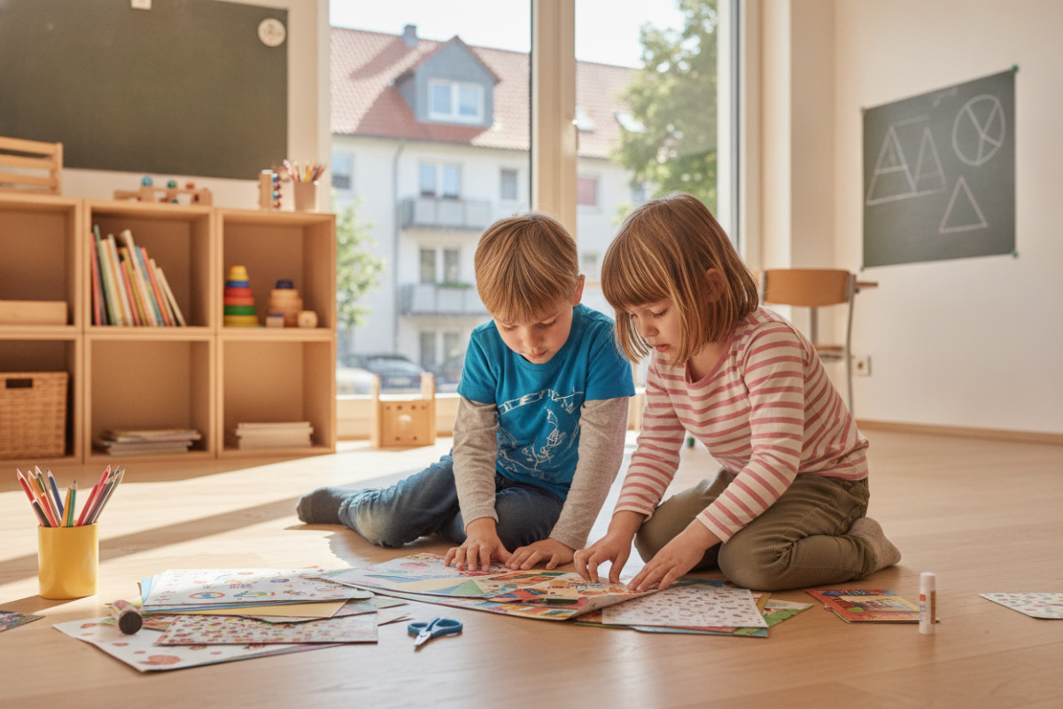 Abb. Beim Falten sehen Kinder, ob beide Seiten genau zusammenpassen.