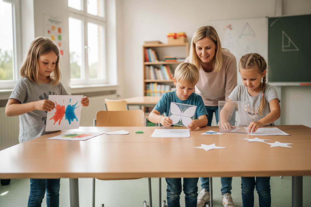 Die Bilder zeigen, wie Kinder Spiegelachsen durch Falten, Legen, Vergleichen und Zeichnen handelnd entdecken.