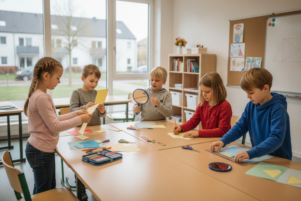 Die Bilder zeigen, wie Kinder Spiegelachsen durch Falten, Legen, Vergleichen und Zeichnen handelnd entdecken.
