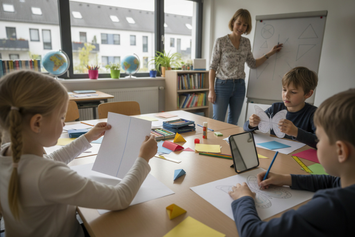 Die Bilder zeigen, wie Kinder Spiegelachsen durch Falten, Legen, Vergleichen und Zeichnen handelnd entdecken.