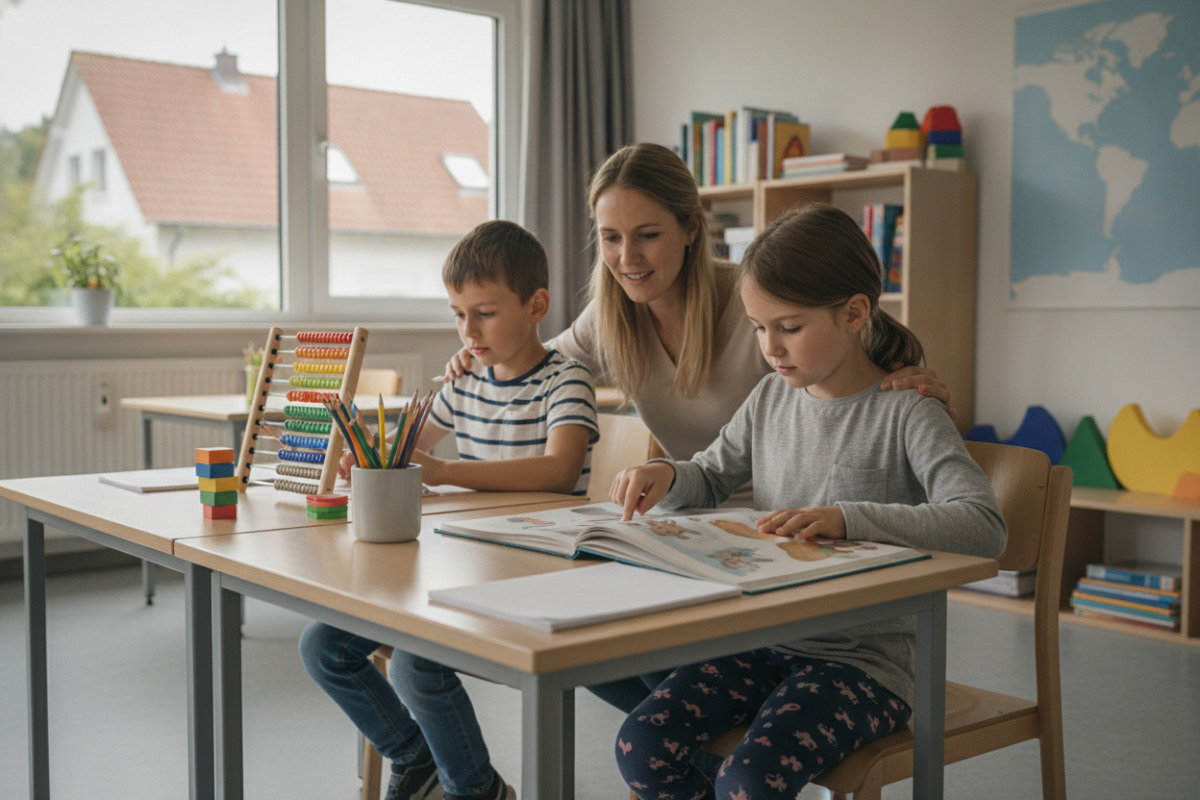 Alltagsszenen zeigen, wie Lesen, Rechnen, Aufmerksamkeit und kleine Routinen Kinder im Lernen stärken.