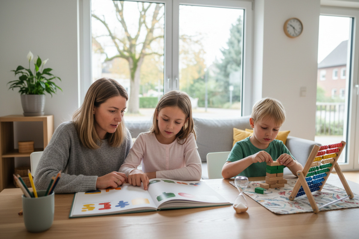 Alltagsszenen zeigen, wie Lesen, Rechnen, Aufmerksamkeit und kleine Routinen Kinder im Lernen stärken.