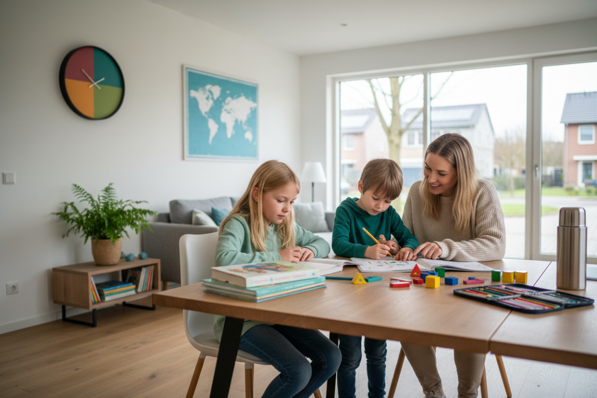 Alltagsszenen zeigen, wie Lesen, Rechnen, Aufmerksamkeit und kleine Routinen Kinder im Lernen stärken.