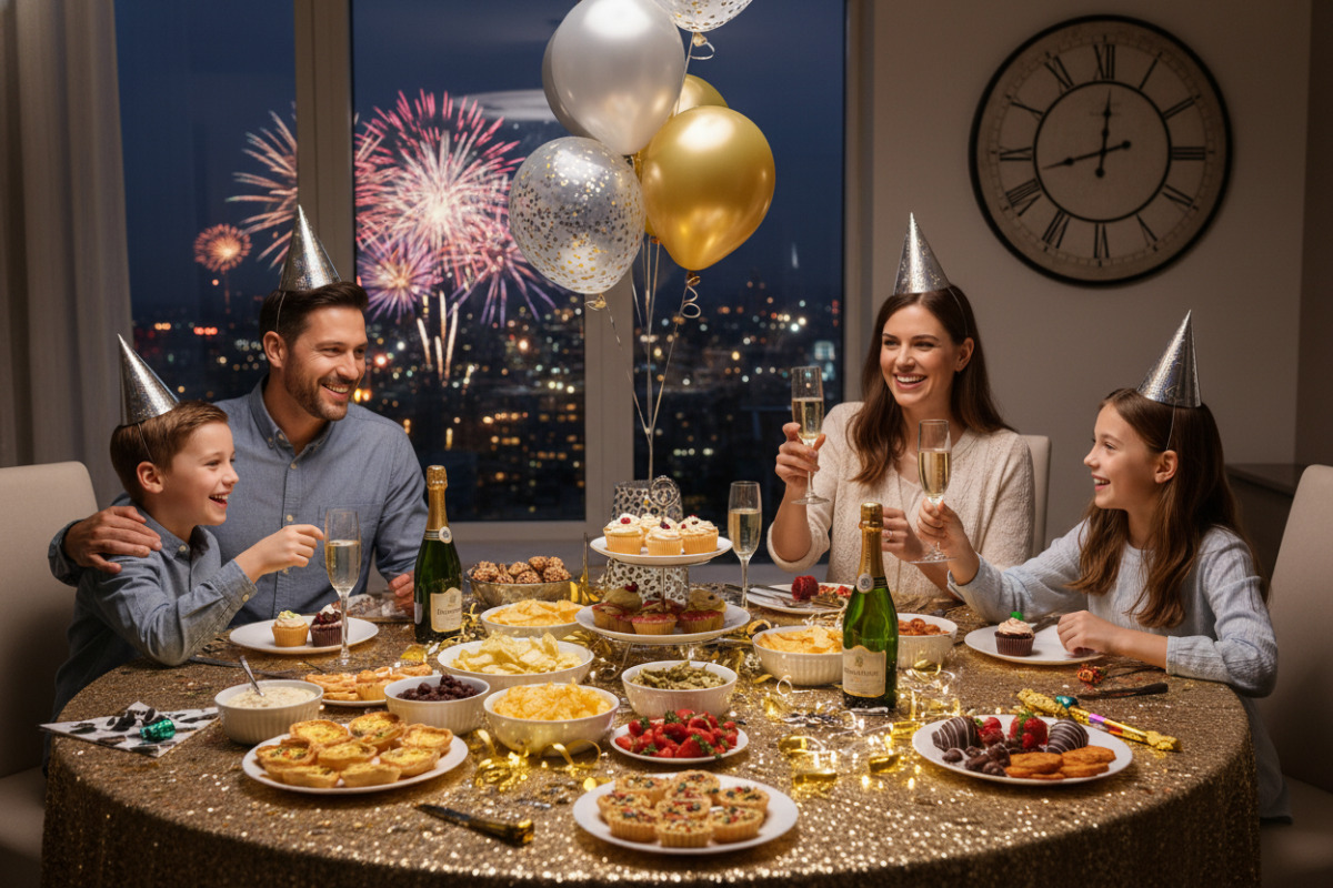 Familie sitzt am Silvestertisch mit Deko und Snacks