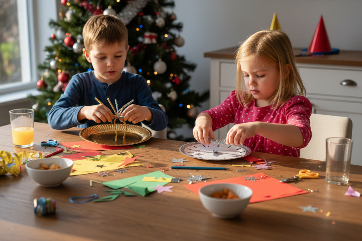 Kinder basteln einfache Silvesterdeko am Esstisch
