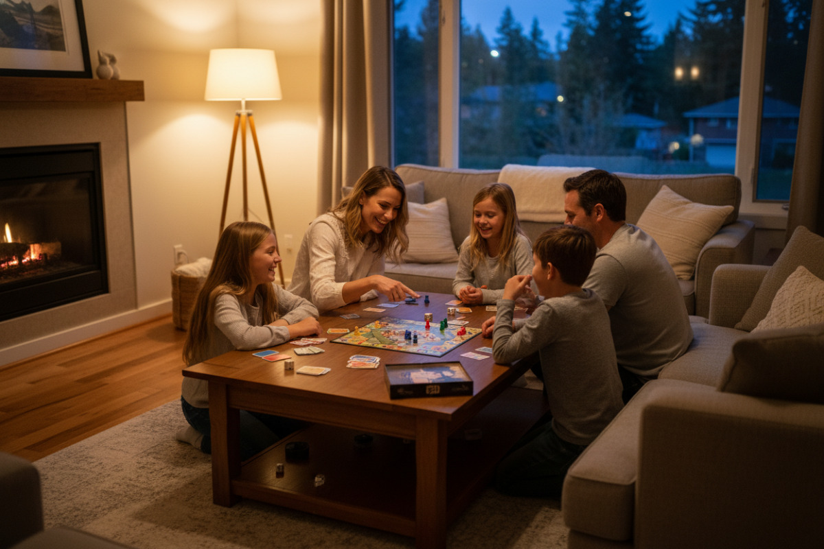 Familie spielt ein Brettspiel im Wohnzimmer am Abend