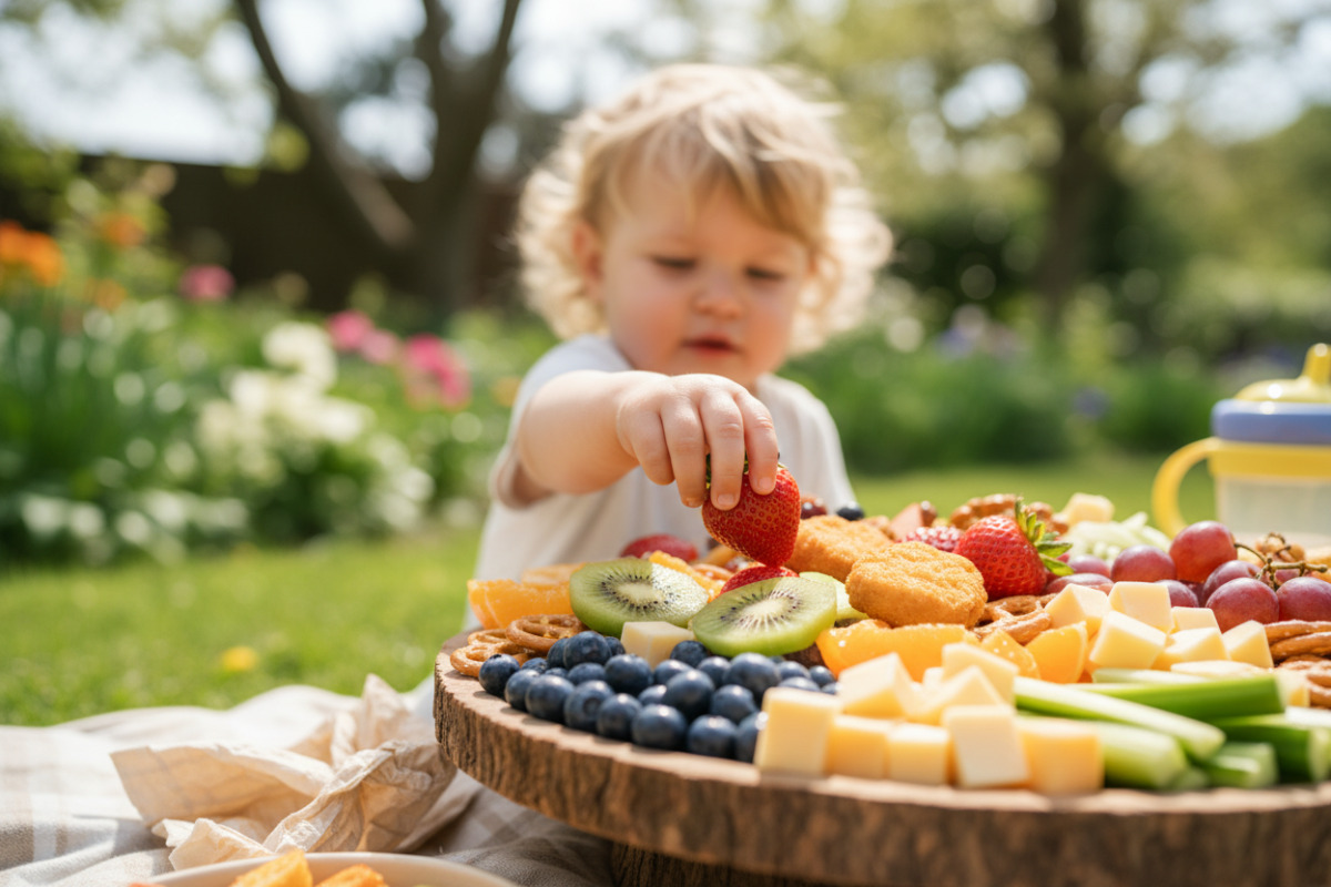 Kind nimmt Obst und Fingerfood von einer Platte