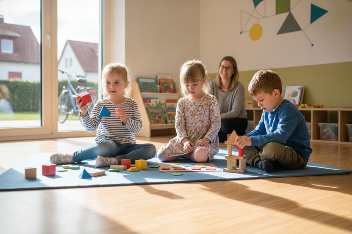 Alltagsszenen zeigen, wie Kinder geometrische Formen entdecken, vergleichen und mit eigenen Händen nachbauen.